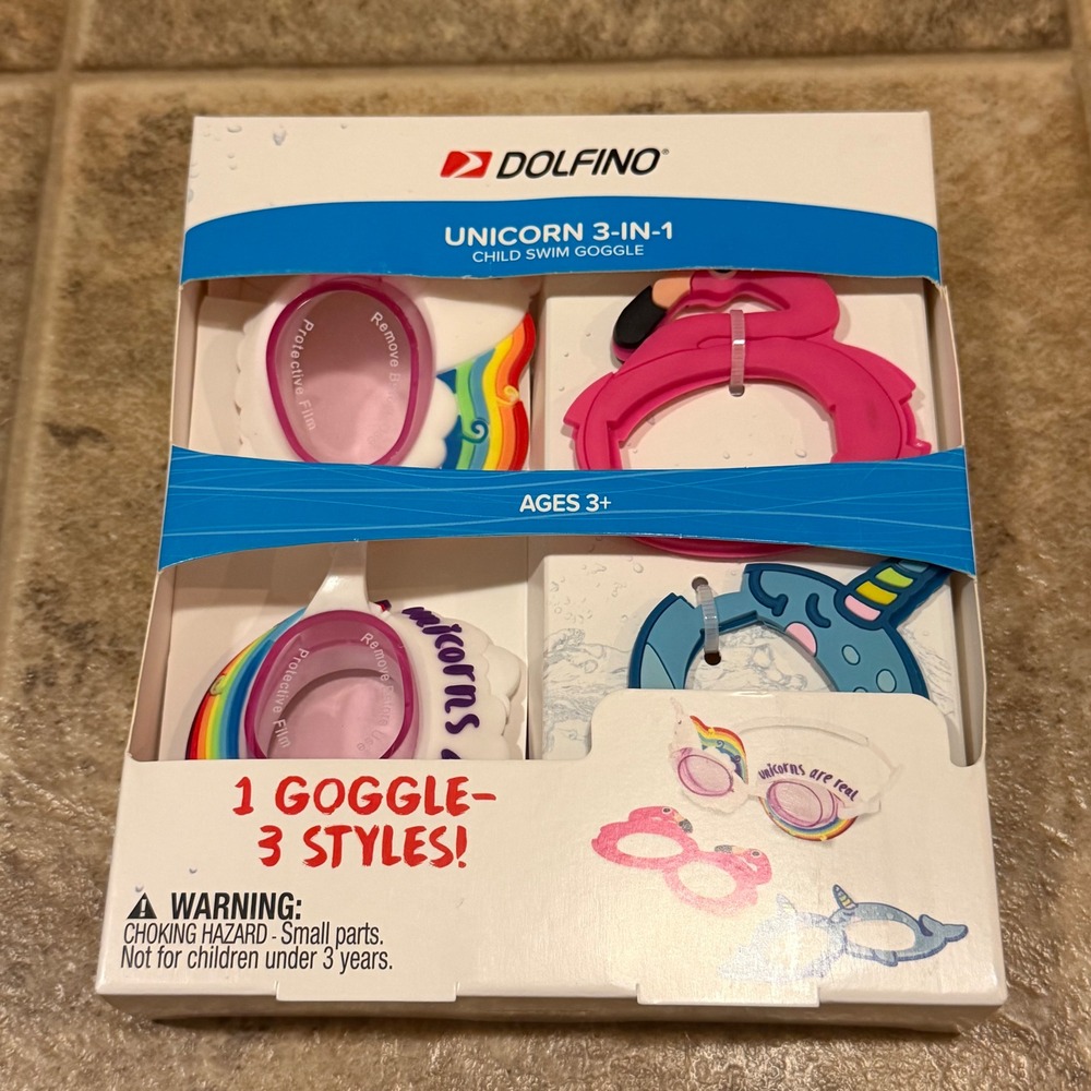 Dolfino Unicorn 3-in-1 Child Swim Goggles Pink Flamingo Blue Narwhal Ages 3+